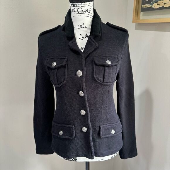 Ralph Lauren Black Military Silver Button Cardigan Jacket Pettite Medium - Picture 1 of 11
